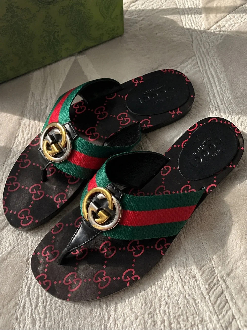 Gucci Green Red Black GG Web Thong Sandals with Gold Double G